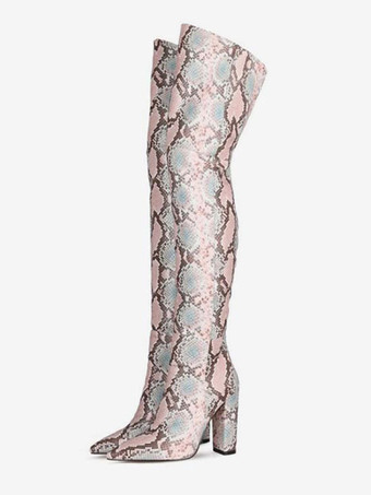 ピンクニーハイブーツ レザー ピンク ポインテッドトゥ スネークプリント チャンキーヒール サイハイブーツ