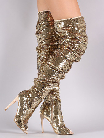 スパンコールオーバーザニーブーツ女性ピープトウスティレットヒールサイハイブーツ