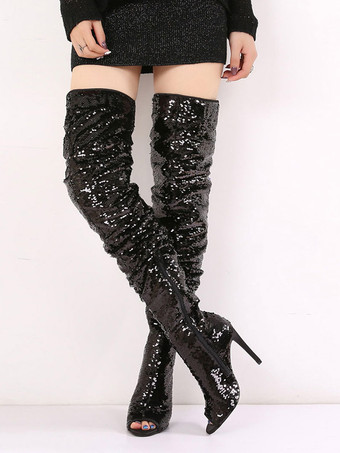 ブラック スパンコールオーバーザニーブーツ女性ピープトウスティレットヒールサイハイブーツ