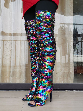 ご参考ください スパンコールオーバーザニーブーツ女性ピープトウスティレットヒールサイハイブーツ