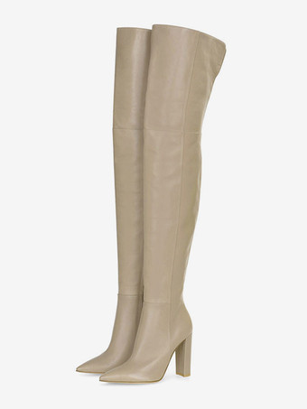 肌色サイハイブーツ レディース 無地 ポインテッドトゥ チャンキーヒール オーバーニーブーツ