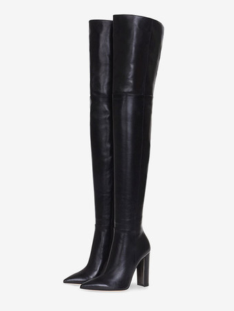 Thigh High Boots Womens Solid Color Pointed Toe Chunky Heel Over The Knee Boots