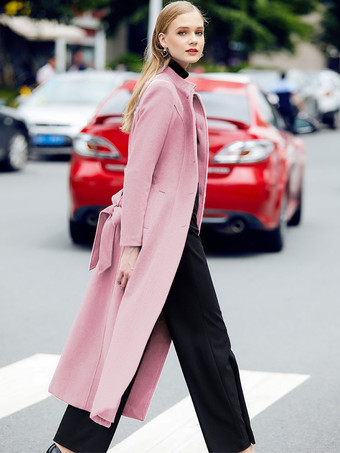 ピンクロングウールブレンドコート レディース ロイヤルブルー マンダリン スタンドカラー シングルブレスト ベルト付き 冬アウター 2025