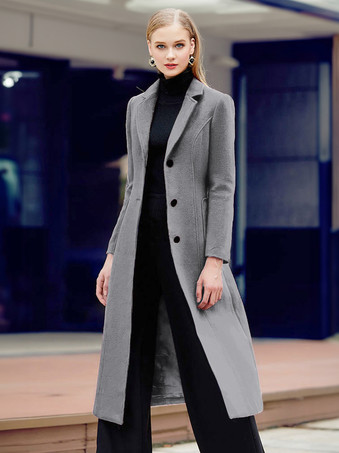グレイ大きなポケット付きバーガンディウールラップコート、ノッチカラー、クラシックベルト付き冬用ミディアウター、レディース 2026