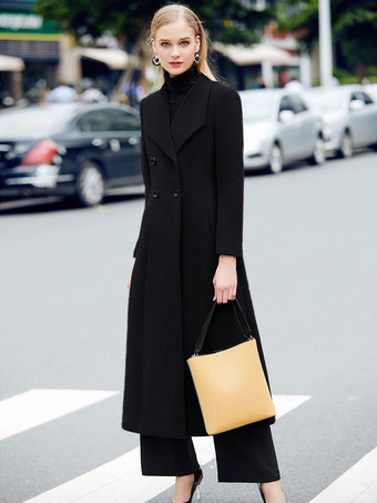 negro Abrigo de mezcla de lana gris con solapa grande clásico cruzado abrigo de invierno midi para mujer 2025