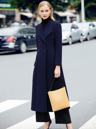 Azul marino oscuro  Abrigo de mezcla de lana gris con solapa grande clásico cruzado abrigo de invierno midi para mujer 2025