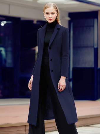 ダークネイビー大きなポケット付きバーガンディウールラップコート、ノッチカラー、クラシックベルト付き冬用ミディアウター、レディース 2026