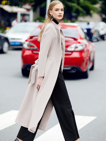 アイボリー ロングウールブレンドコート レディース ロイヤルブルー マンダリン スタンドカラー シングルブレスト ベルト付き 冬アウター 2025