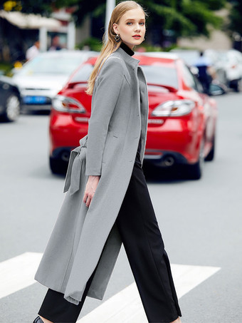 グレイロングウールブレンドコート レディース ロイヤルブルー マンダリン スタンドカラー シングルブレスト ベルト付き 冬アウター 2025