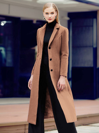 ラクダ色 大きなポケット付きバーガンディウールラップコート、ノッチカラー、クラシックベルト付き冬用ミディアウター、レディース 2026