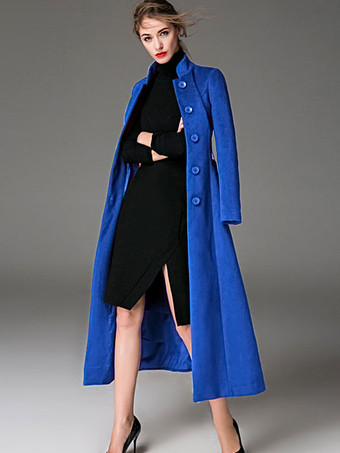 ロイヤルブルーウール混コート バーガンディ ベルト付き スタンドカラー スリムフィット 冬アウター レディース 無地 2025