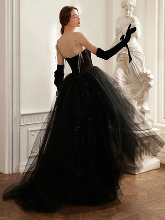 プロムドレス Aライン ストラップレス チュール ノースリーブ チェーン パーティードレス