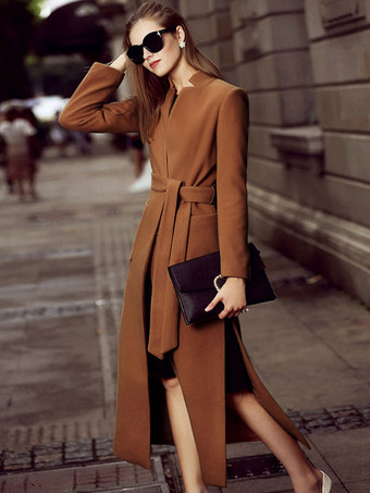 ブラウン ロングウールブレンドコート スタンドカラー Vネック ベルト付き スプリット 冬アウター レディース 2026