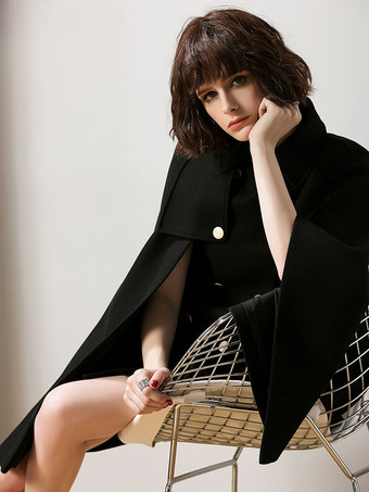 ポンチョ コート 折り襟 マントコート レッド レディースアウター ウール レディースファッション 普通 無地 ボタン アカデミック プラスサイズ