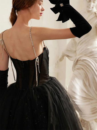 プロムドレス Aライン ストラップレス チュール ノースリーブ チェーン パーティードレス