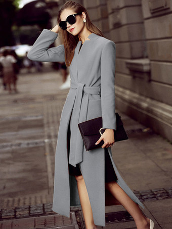 グレイロングウールブレンドコート スタンドカラー Vネック ベルト付き スプリット 冬アウター レディース 2026