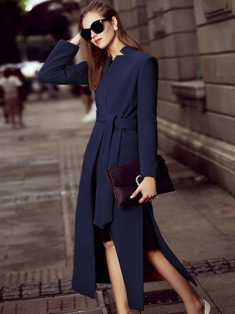 ダークネイビーロングウールブレンドコート スタンドカラー Vネック ベルト付き スプリット 冬アウター レディース 2026