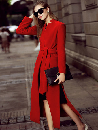 レッド ロングウールブレンドコート スタンドカラー Vネック ベルト付き スプリット 冬アウター レディース 2026