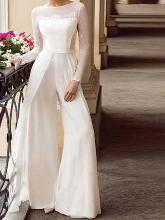 White Simple Wedding Jumpsuit V-Neck Long Sleeves Lace Floor-Length Bridal Dresses Free Customization