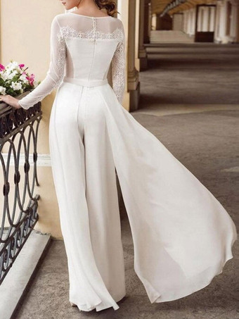 ホワイトシンプルなウェディングドレスVネック長袖レースナチュラルウエストフロアレングスブライダルドレス