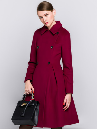abrigo mujer Color borgoña con escote V amplio de mezclada de lana Color liso con manga larga con botones de corte ajustada