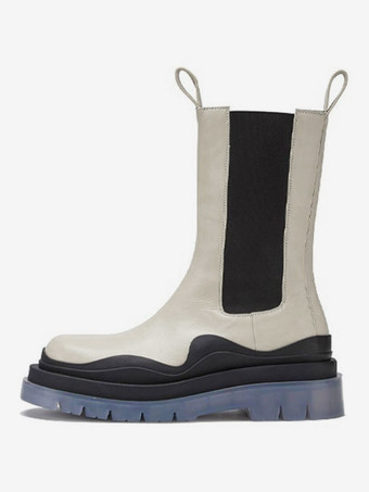 ベージュ女性の足首ブーツ幾何学的な丸いつま先チェルシーブーツ