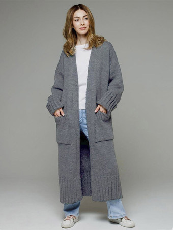 Longline Cardigan Long Sleeves Drop Shoulder Ribbed Women's Sweater