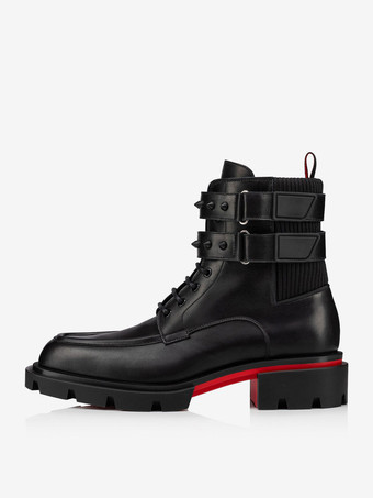 Botas de tobillo con cordones militares con dos correas y suela de lengüeta con remaches y hebilla negra de combate para hombre