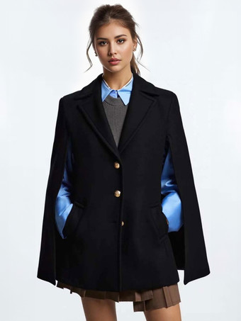 Women Black Poncho Coat V-Neck Cloak Cape Winter Outerwear 2024
