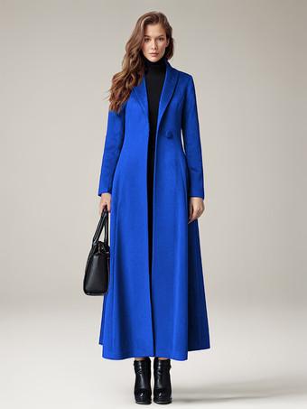 Blu RoyalCappotto da donna caldo invernale a trapezio con revers lungo fino al ginocchio in lana 2025