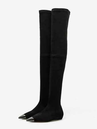 膝のブーツスエードブラックポインテッドトゥ女性のためのフラットサイハイブーツオーバー