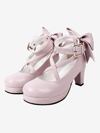 Sweet Lolita Shoes Plateforme Talons Bow Round Toe Cross Front Lolita Pumps