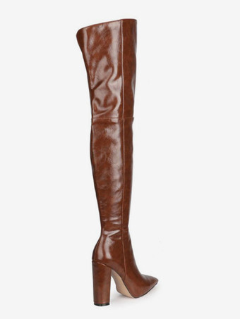 サイハイ ブーツ ポインテッドトゥ チャンキーヒール ブーツ PU レザー レディース ブラック