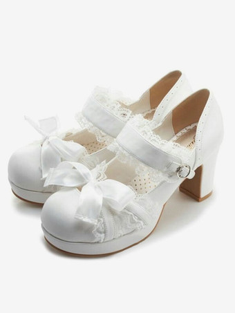 ホワイト ロリィタ靴　リボン　レース　無地　PU　スクエアトゥ　チャンキーヒール　お茶会　