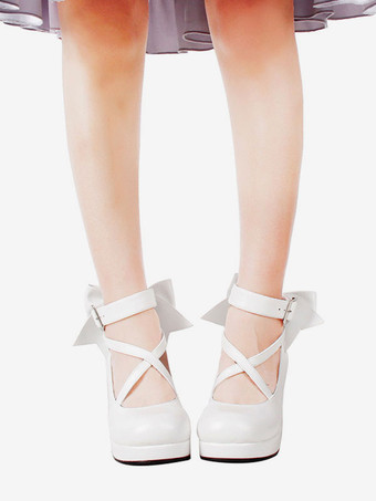 ロリィタパンプス 靴 プラットフォームヒール シューズ アンクルストラップ リボン付き ラウンドトゥ