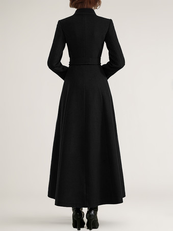 ウール混紡ロングコート ブラック ベルト付き スタンドカラー 冬 フルレングス アウターウェア レディース 2025