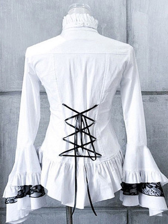 ロリィタブラウス ピュアコットン 長袖 スタンドカラー お茶会 ゴシック 2カラーブロック