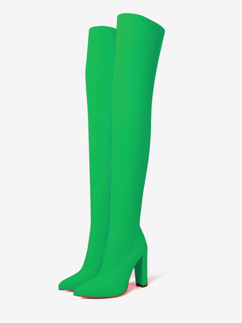 グリーン レディース サイハイブーツ ポインテッドヒール ブロックヒール 伸縮性のあるオーバーニーブーツ