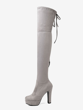 ライトグレーニーハイブーツ レディース靴 ブラック ロングブーツ 12cm エラスチックファブリック アーモンドトゥ チャンキーヒール 無地 アウトドア シック＆モダン