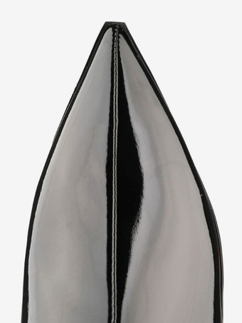 ニーハイブーツ女性ブライトレザーブラックポインテッドトゥフラットサイハイブーツ