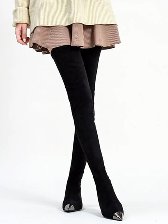 膝のブーツスエードブラックポインテッドトゥ女性のためのフラットサイハイブーツオーバー