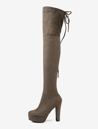 ニーハイブーツ レディース靴 ブラック ロングブーツ 12cm エラスチックファブリック アーモンドトゥ チャンキーヒール 無地 アウトドア シック＆モダン