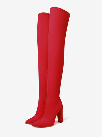 レッド レディース サイハイブーツ ポインテッドヒール ブロックヒール 伸縮性のあるオーバーニーブーツ