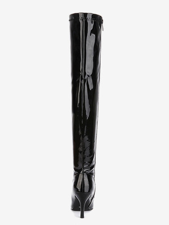 レディースサイハイブーツパテントレザーポインテッドトゥブライトレザースティレットヒールブーツ
