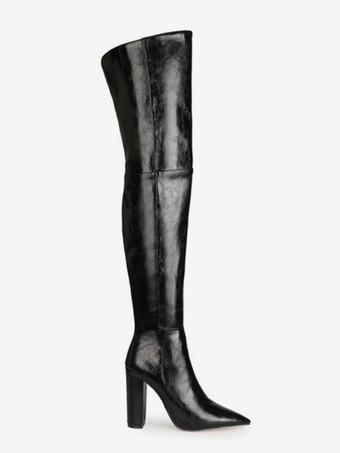 サイハイ ブーツ ポインテッドトゥ チャンキーヒール ブーツ PU レザー レディース ブラック