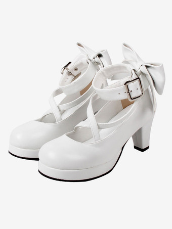 ホワイト ロリィタパンプス 靴 プラットフォームヒール シューズ アンクルストラップ リボン付き ラウンドトゥ