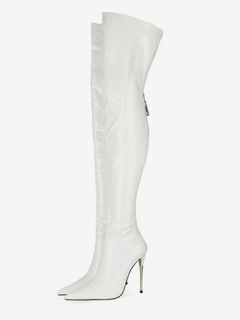 ホワイト 女性のパテント レザー サイハイ ヒール ブーツ ブライト レザー