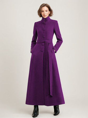 ウール混紡ロングコート ブラック ベルト付き スタンドカラー 冬 フルレングス アウターウェア レディース 2025