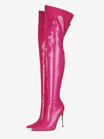 ローズレッド女性のパテント レザー サイハイ ヒール ブーツ ブライト レザー