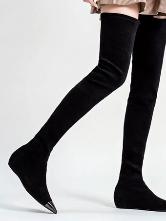 膝のブーツスエードブラックポインテッドトゥ女性のためのフラットサイハイブーツオーバー